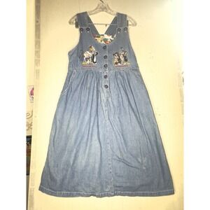 Vintage Embroidered Looney Toons Sleeveless Denim Dress | Rare Find! Sz M